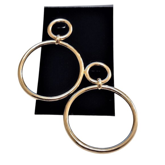 2 1/2" Long Double Thick Ring Hoop Pierced Post Stud Gold Tone Earrings Polished - Picture 3 of 5